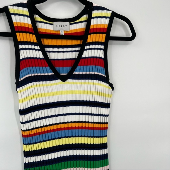 Milly Directional Pop Stripe Bodycon Mini Dress Sleeveless Knit Asymmetrical M - Picture 5 of 11